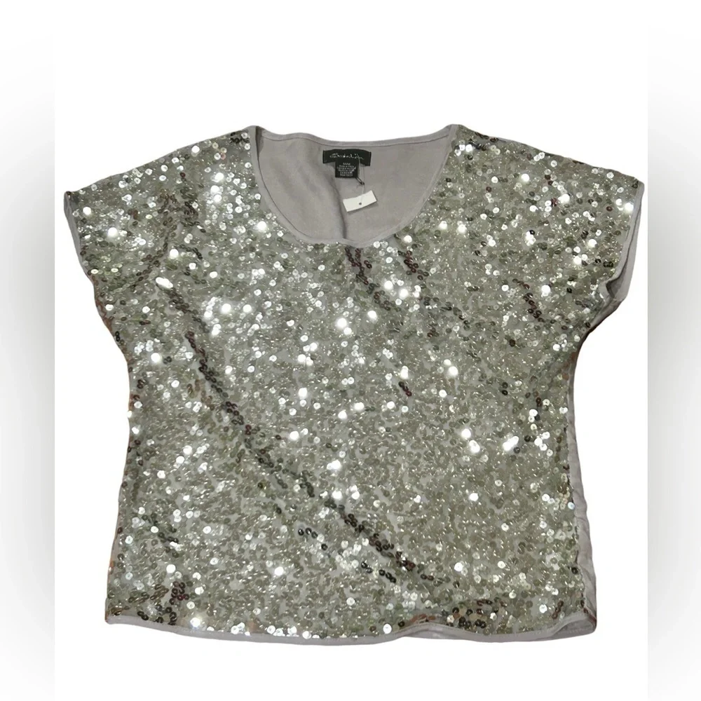 Sparkly Silver Sequin Shortsleeved Top by Seductions - New Size Medium 💍 - Picture 8 of 12